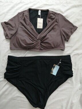 NWT Akoya Plus Size Two Piece Swim Bathing Suit Purple Twist Top Black Bottom 3X